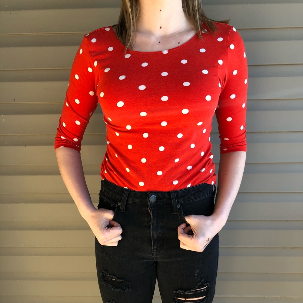 🌿Red-Orange White Polka Dot T-Shirt